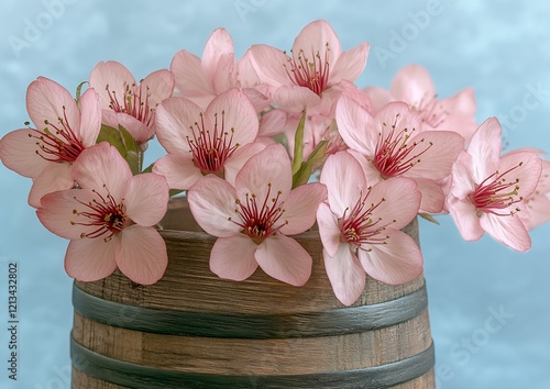 Blooming Pink Cherry Blossoms in Rustic Barrel Against Soft Blue Background : Generative AI photo