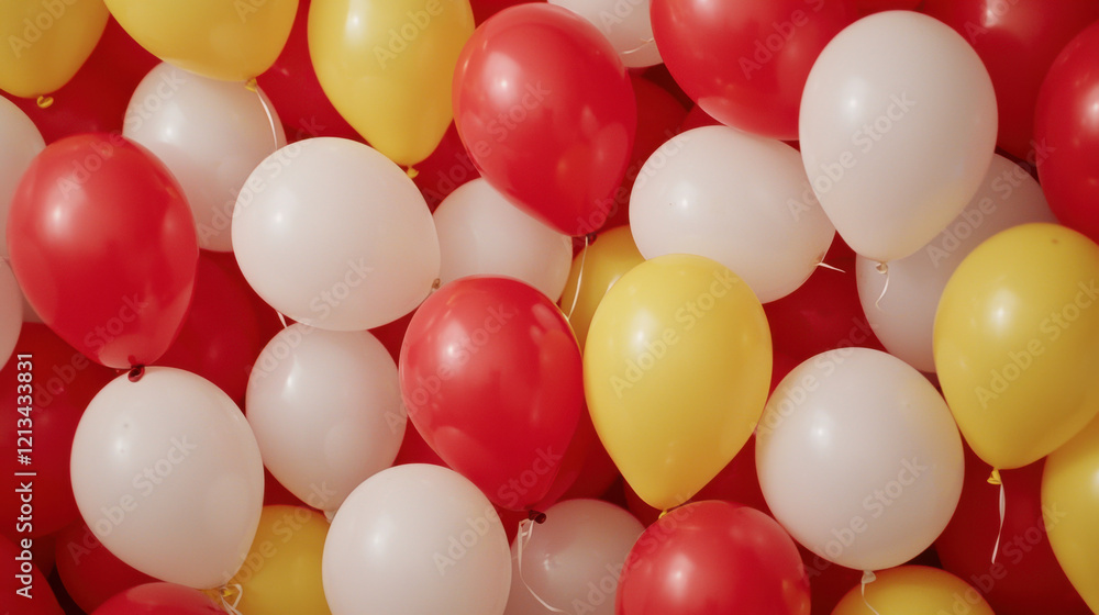 A vibrant arrangement of red, yellow, and white balloons, creating a festive and cheerful atmosphere. A vibrant arrangement of red, yellow, and white balloons, creating a festive and cheerful atmosphere.
