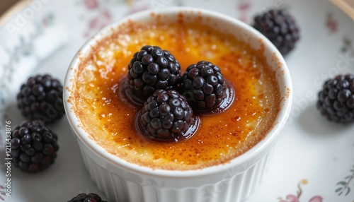 CrÃƒÂ¨me brÃƒÂ»lÃƒÂ©e with caramelized sugar and blackberries in fine china ramekin photo