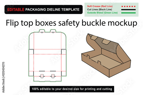 Customizable Safety Buckle Flip Top Boxes Mockup for Unique Branding, Flip top box, box mockup, dieline design, packaging mockup, flip box mockup, safety packaging, customizable box, die cut template