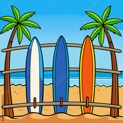 illustration of a beach with surfboard