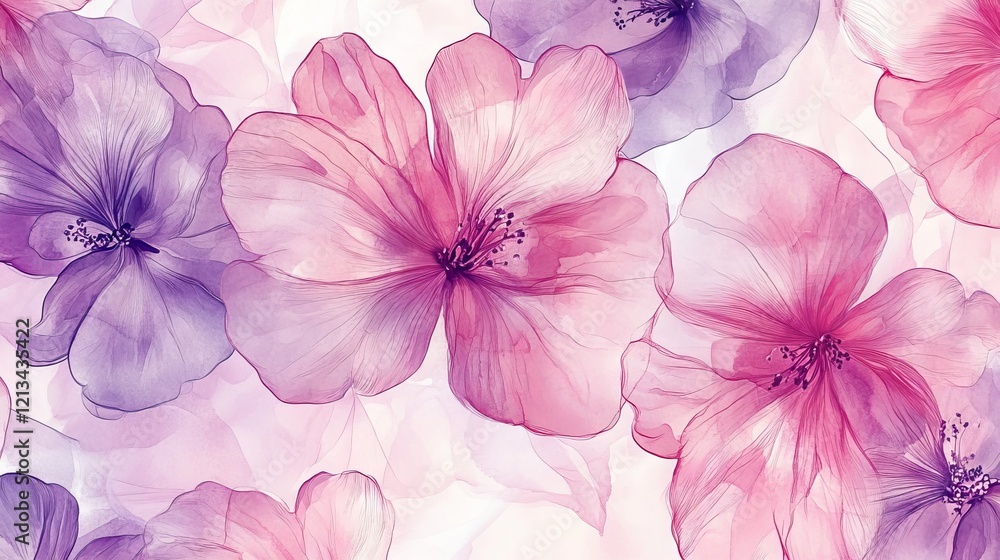 1.A seamless pattern of delicate pink and purple flowers, hand-drawn with intricate details, set against a light, neutral background. The design features soft, flowing petals and gentle gradients, 1.A seamless pattern of delicate pink and purple flowers, hand-drawn with intricate details, set against a light, neutral background. The design features soft, flowing petals and gentle gradients,