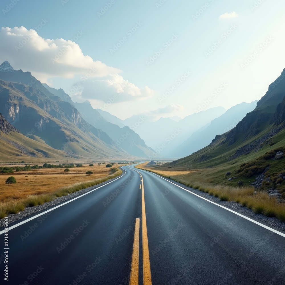 Naklejka premium A serene mountain road winds through a picturesque landscape