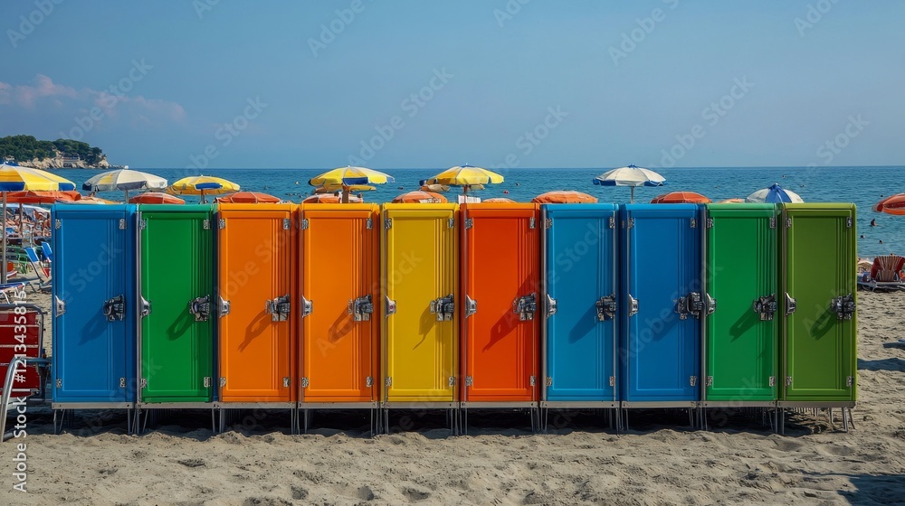 75.A set of brightly-colored lockers stands along a public beach, designed for storing luggage and personal items. The lockers offer a practical solution for beachgoers, allowing them to enjoy their 75.A set of brightly-colored lockers stands along a public beach, designed for storing luggage and personal items. The lockers offer a practical solution for beachgoers, allowing them to enjoy their