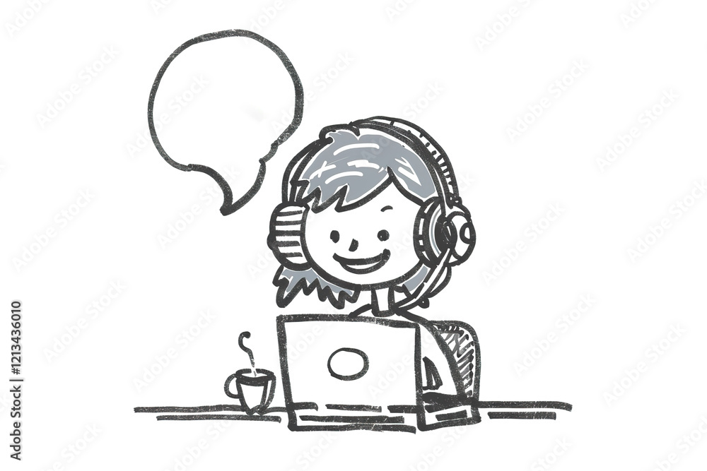 Happy person working from home, using laptop and headset.