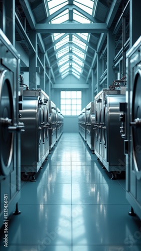 A modern laundromat with rows of shiny stainless steel washers and dryers, a sleek and efficient facility for convenient laundry services