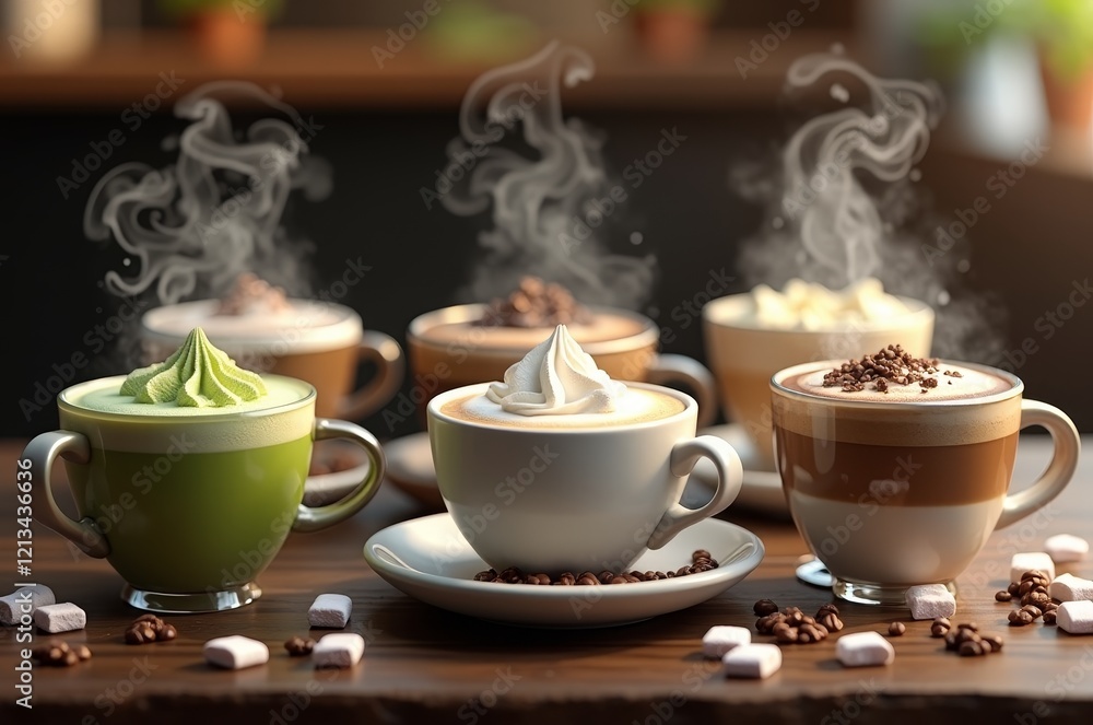A collection of coffee drinks, including a green tea latte, a white coffee, and a mocha, each topped with whipped cream and served in A collection of coffee drinks, including a green tea latte, a white coffee, and a mocha, each topped with whipped cream and served in