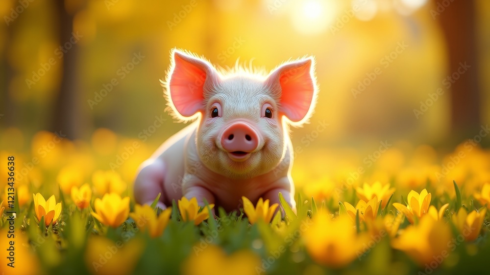Adorable piglet in a field of yellow flowers Adorable piglet in a field of yellow flowers