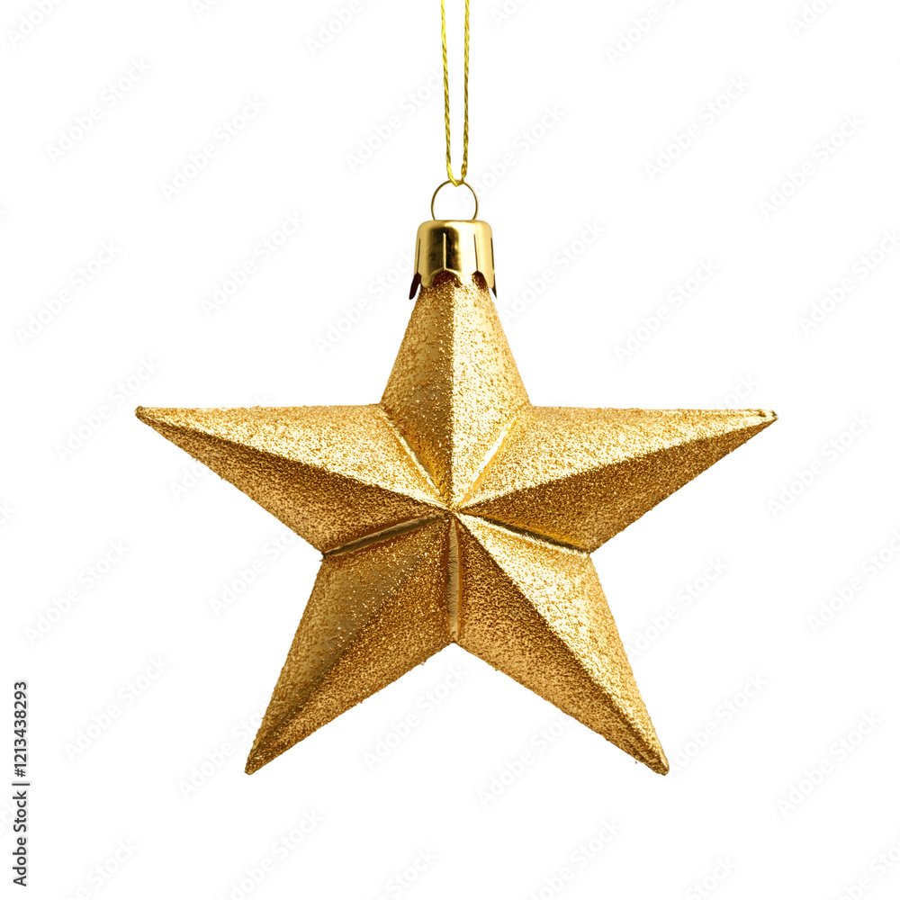 A golden Christmas ornament in the shape of a star, cut out. Isolated on transparent or white background A golden Christmas ornament in the shape of a star, cut out. Isolated on transparent or white background