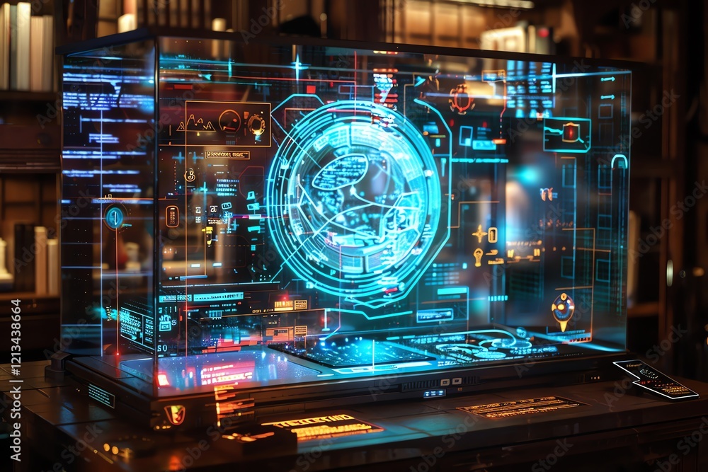 Fototapeta premium Futuristic holographic display showing global network data.