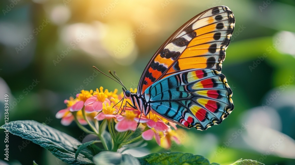 Obraz premium Colorful butterfly feeding on flower, sunlit garden, nature