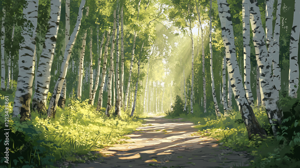 Obraz premium Sunlit path through birch forest.