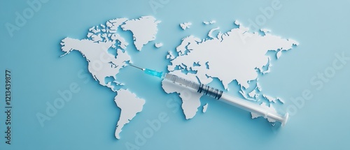 Wallpaper Mural Prevention and Health Promotion Concept. A syringe positioned on a world map highlights the global initiative for vaccination awareness in this impactful stock image. Torontodigital.ca
