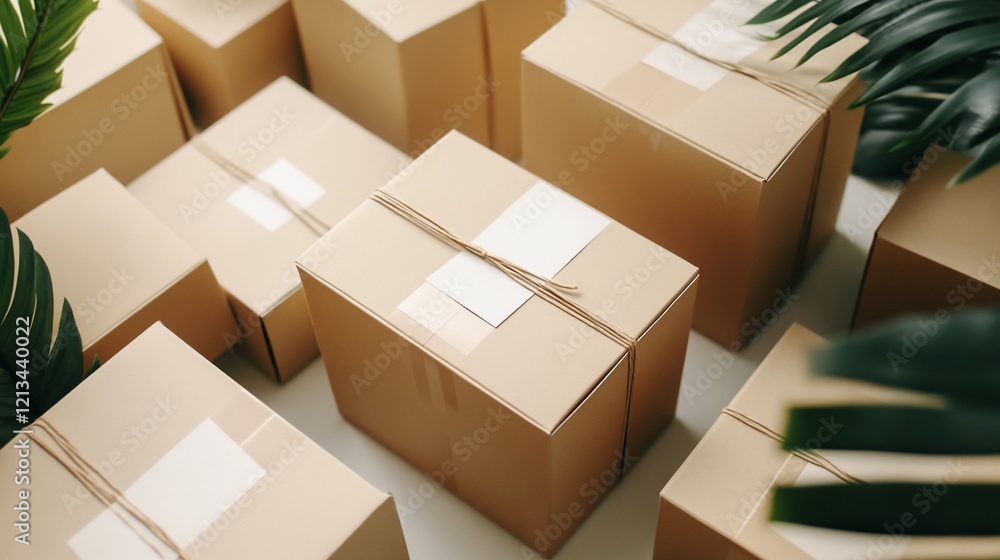 Fototapeta premium Arrangement of Brown Cardboard Boxes with a String and a White Sticker on a Light Surface