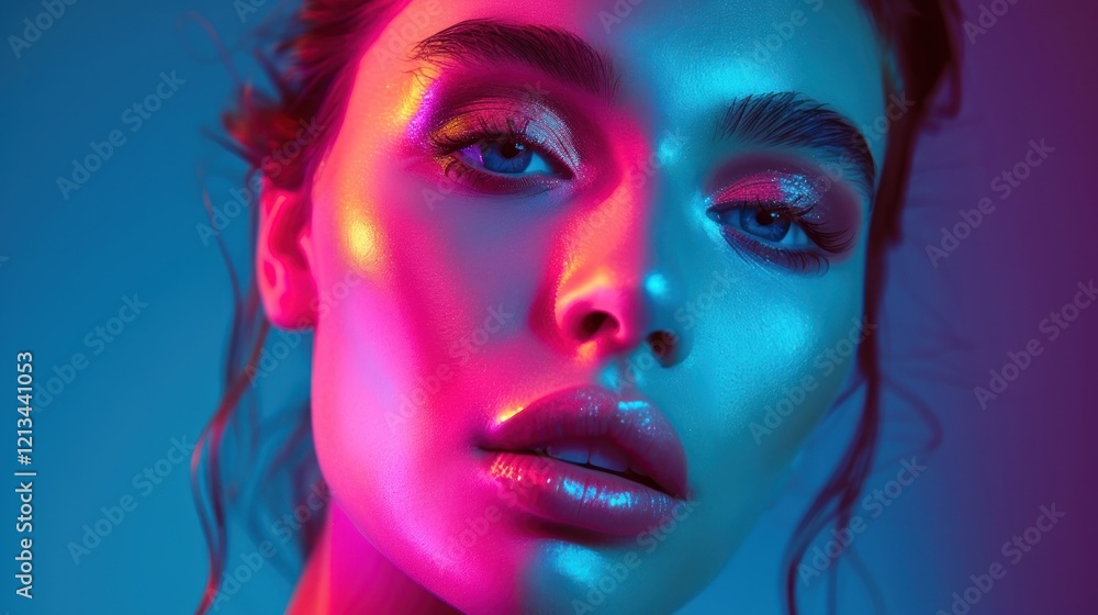Beautiful female model in bright colorful neon lights posing in studio, AI generated image Beautiful female model in bright colorful neon lights posing in studio, AI generated image