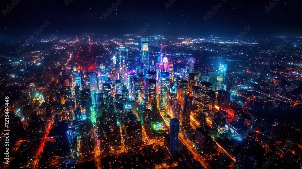 Obraz premium Breathtaking aerial view of a sprawling densely packed urban landscape filled with towering skyscrapers dazzling lights and a vibrant futuristic atmosphere