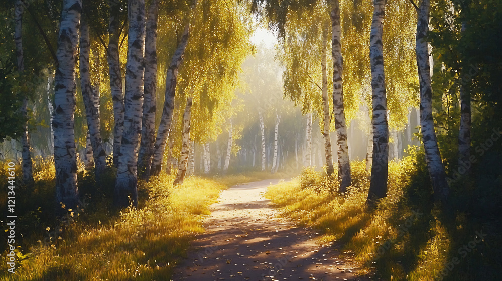 Obraz premium Sunlit path through a birch forest.
