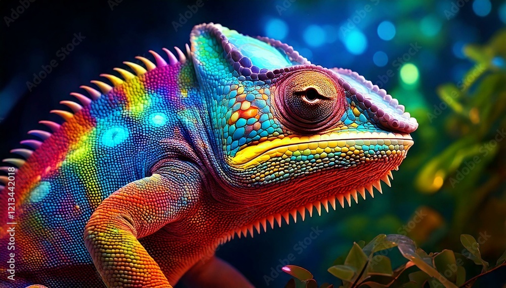 Fototapeta premium chameleon blending into a colorful, illuminated background.- 