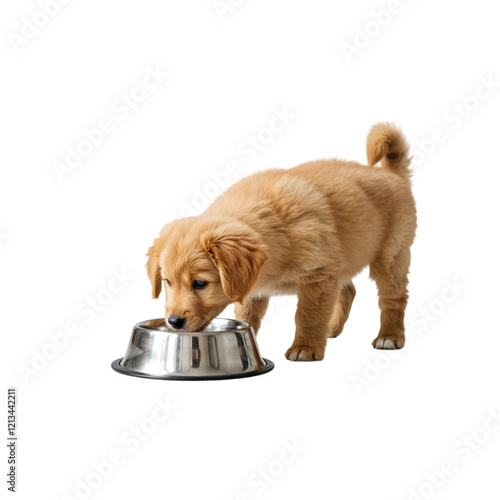golden retriever puppy in a bowl. 4k backgroundless cutout of a dog drinking water