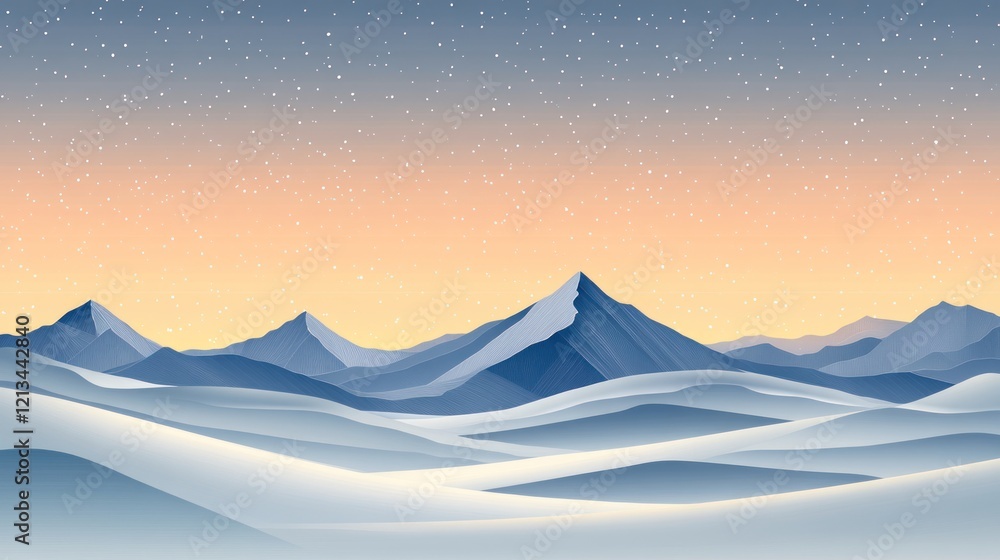 Serene snowy mountain range at twilight under a starry sky. Serene snowy mountain range at twilight under a starry sky.