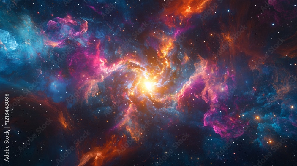Vibrant cosmic nebula with swirling clouds of pink blue and orange with bright stars Vibrant cosmic nebula with swirling clouds of pink blue and orange with bright stars