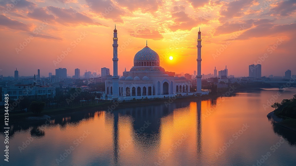 Fototapeta premium Sunrise Mosque Reflection Cityscape Aerial