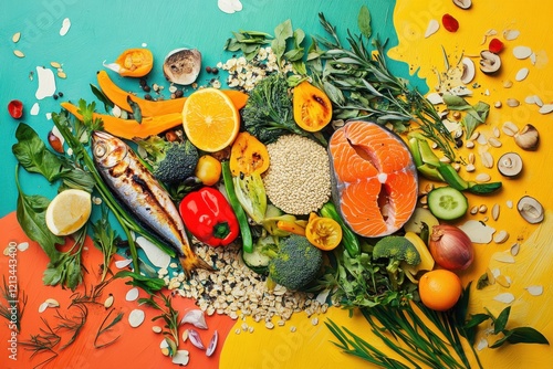 A vibrant visual of a flexitarian dinner, featuring vegetables, grains photo