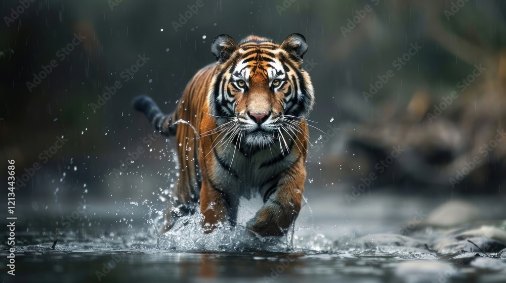 Naklejka premium Tiger walking in river water, AI generated image