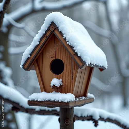 A wooden birdhouse with a snow-covered roof, perched on a tree branch photo