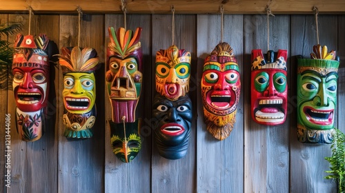 Collection of Vibrant Hand-Carved Wooden Masks Hanging on a Rustic Wooden Wall photo