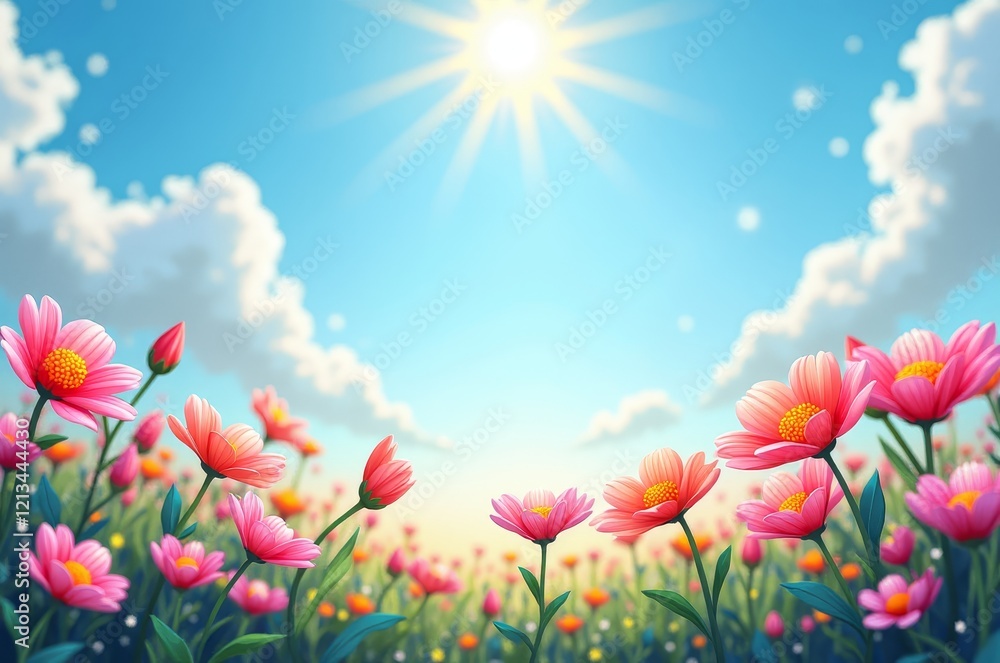 Obraz premium A sunny day with pink flowers and blue sky