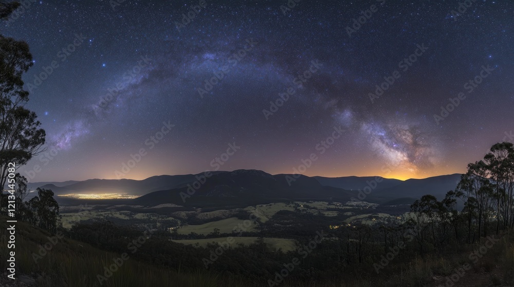 Milky Way arching over a valley at night. Milky Way arching over a valley at night.