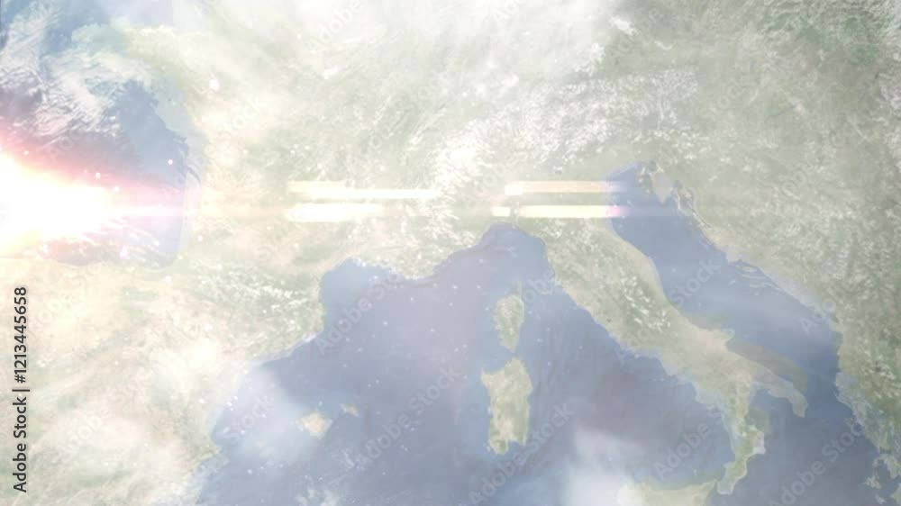 Earth zoom in from space and focus on Nice, France. Background for travel blog or intro. Satellite view. 3D style animation. Images from NASA.