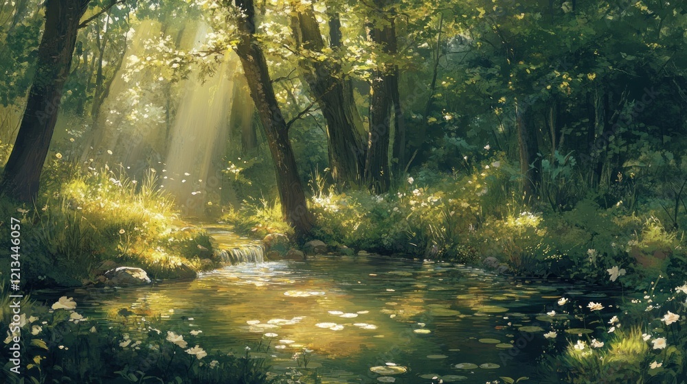 Fototapeta premium Sunlit forest stream with lush greenery and dappled light.