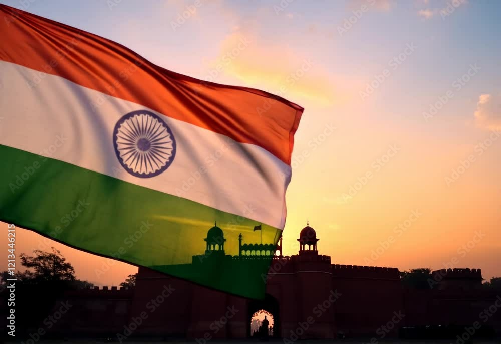 India Flag at Sunset India flag billows dramatically against a vibrant sunset, silhouetting of red fort in delhi a historical building celebrations india independence day.