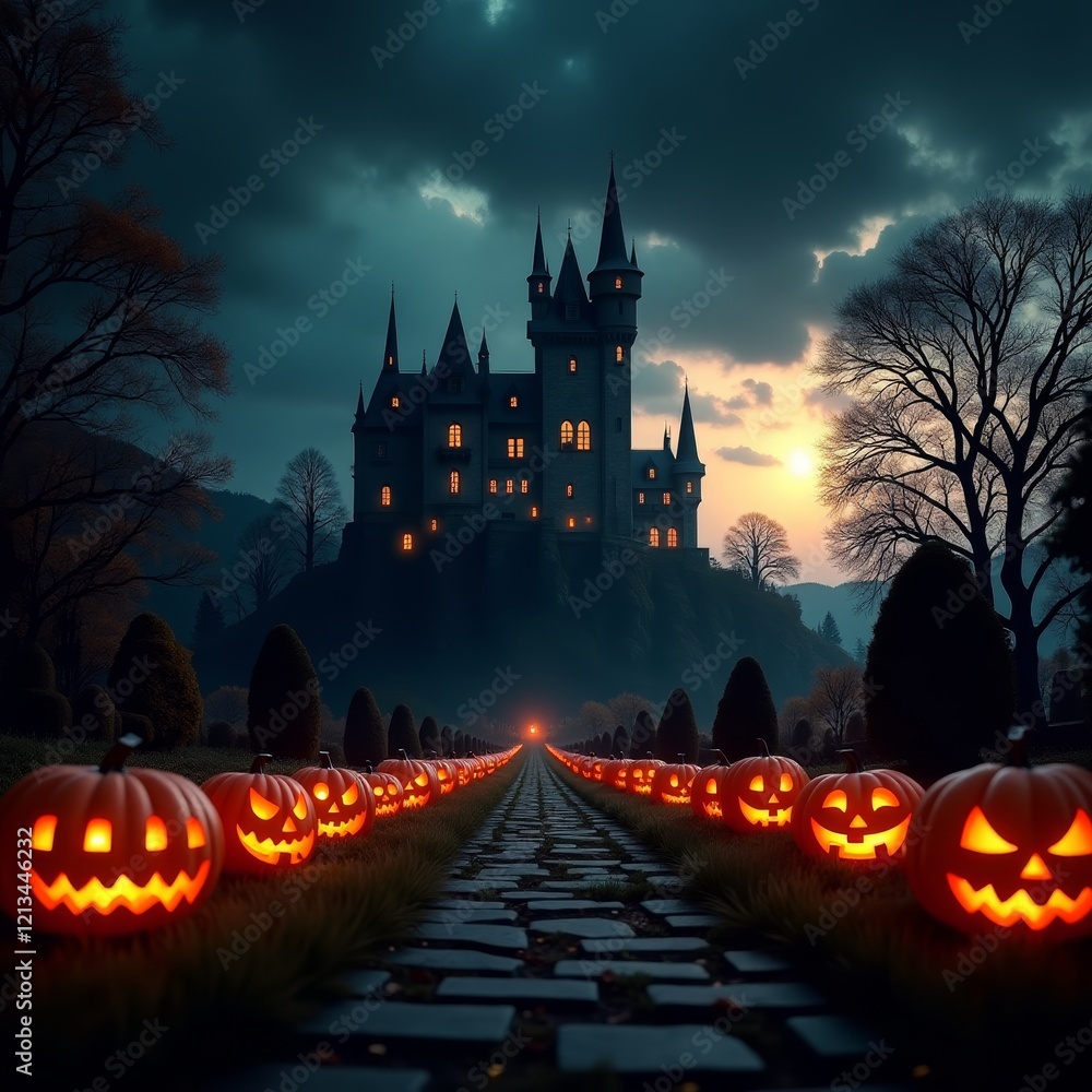 A spooky Halloween scene with jack-o'-lanterns and a haunted castle A spooky Halloween scene with jack-o'-lanterns and a haunted castle