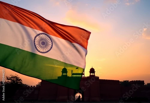 India Flag at Sunset India flag billows dramatically against a vibrant sunset, silhouetting of red fort in delhi a historical building celebrations india independence day.