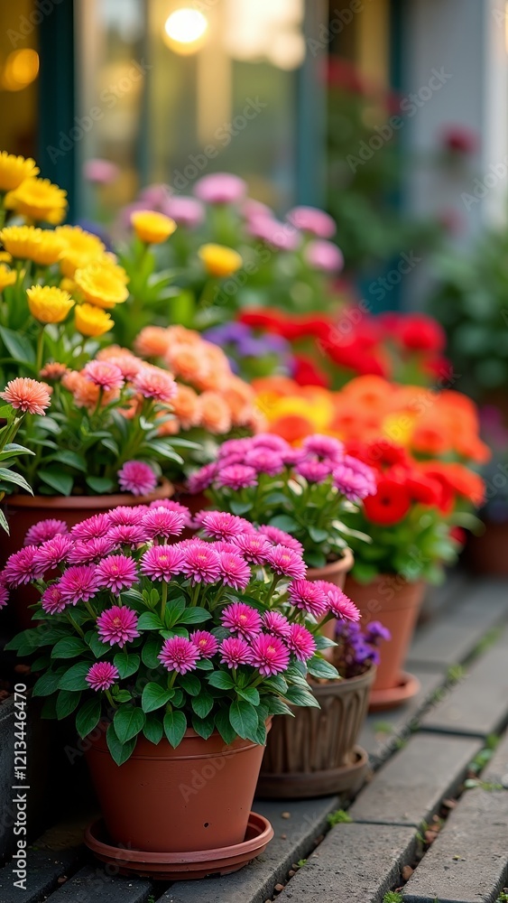 Vibrant blooms in a pot, surrounded by a colorful array of flowers Vibrant blooms in a pot, surrounded by a colorful array of flowers