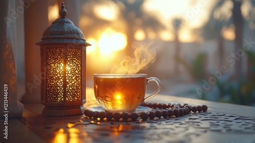 Sunrise tea, lantern, beads, desert, calmness, Ramadan photo
