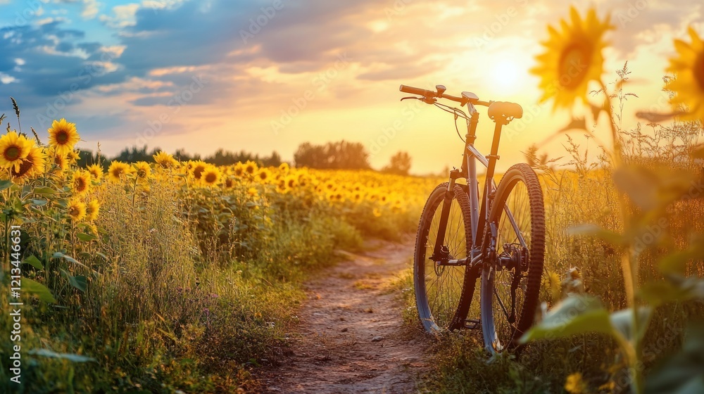 Fototapeta premium Sunset Bicycle Ride in a Sunflower Field