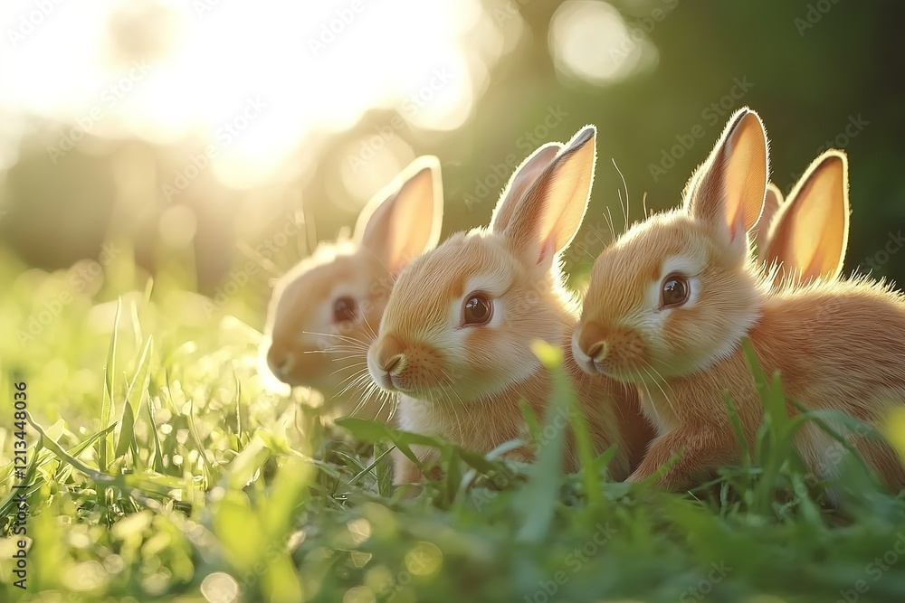 Fototapeta premium Three adorable bunnies in sunny grass