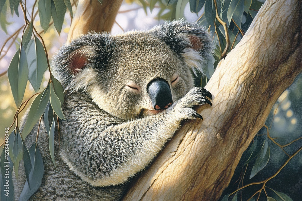 Obraz premium Cuddly koala nestled in the crook of a eucalyptus tree, dozing peacefully.