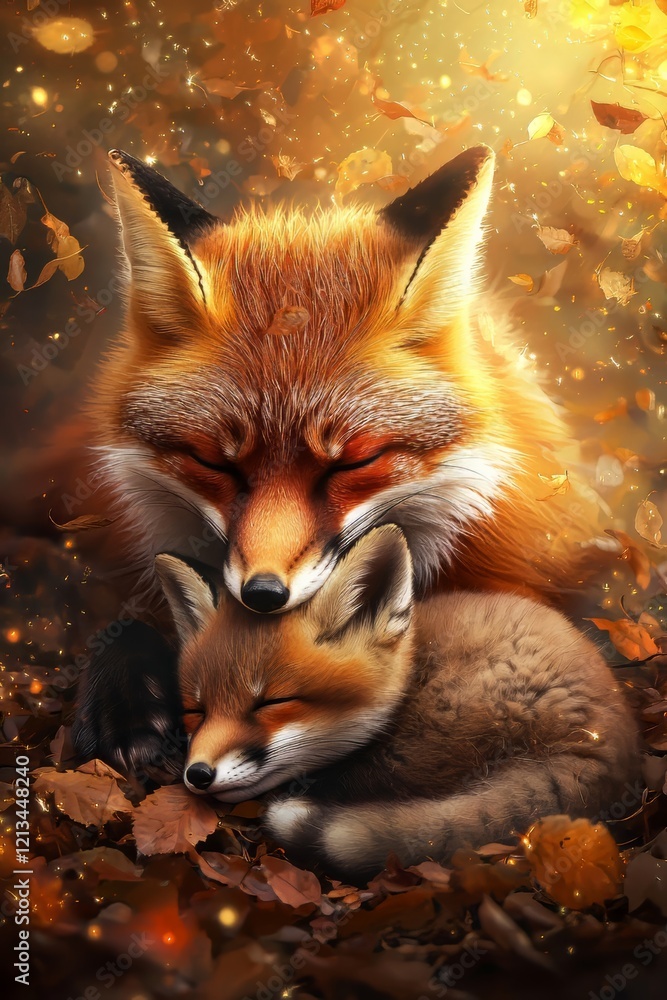 A Nestled Pair of Foxes Enjoying a Peaceful Sleep Among Colorful Autumn Leaves A Nestled Pair of Foxes Enjoying a Peaceful Sleep Among Colorful Autumn Leaves