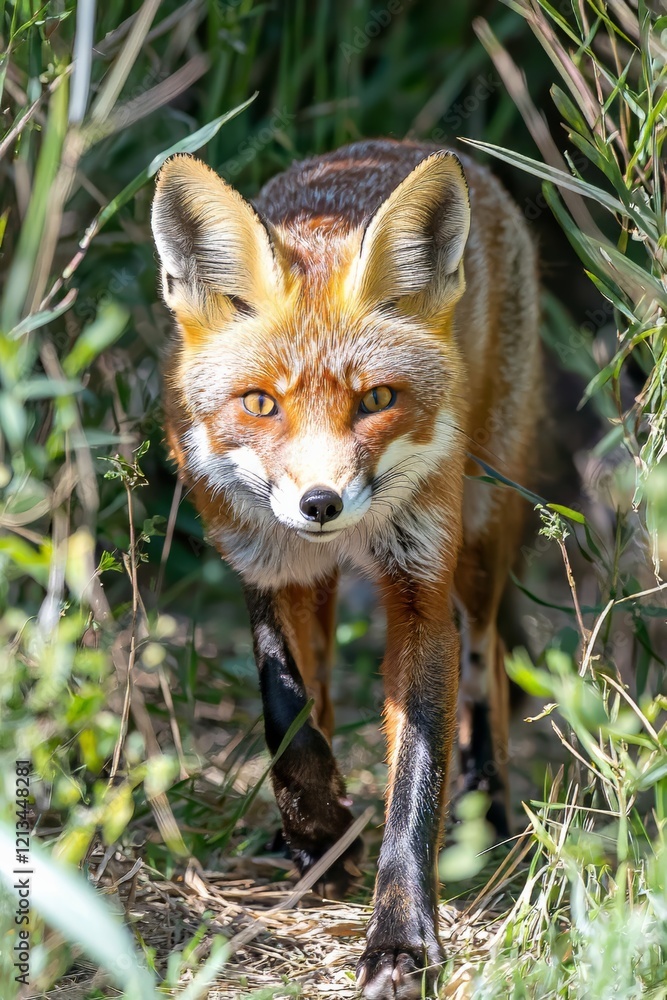 Naklejka premium A Playful Journey Through the Woods: A Fox and Her Adorable Baby Explore Nature Together