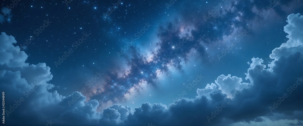 A breathtaking view of the Milky Way galaxy stretching across a night sky, framed by fluffy clouds, with stars shimmering in deep blues and purples. A breathtaking view of the Milky Way galaxy stretching across a night sky, framed by fluffy clouds, with stars shimmering in deep blues and purples.