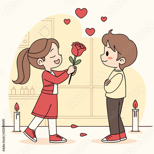 Valentine day girl and boy working