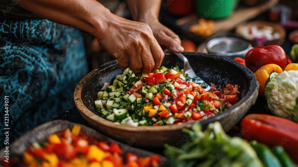 Obraz premium Hands mixing vibrant salad outdoors, cooking demonstration, market background