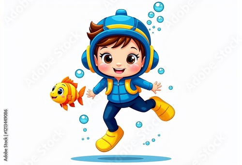 Cute Cartoon Diver, Blue Yellow Scuba Suit, Bubbles, White Background, Game Icon Design, Underwater Boy, Small Fish, Children's Illustration, 3D Render.

