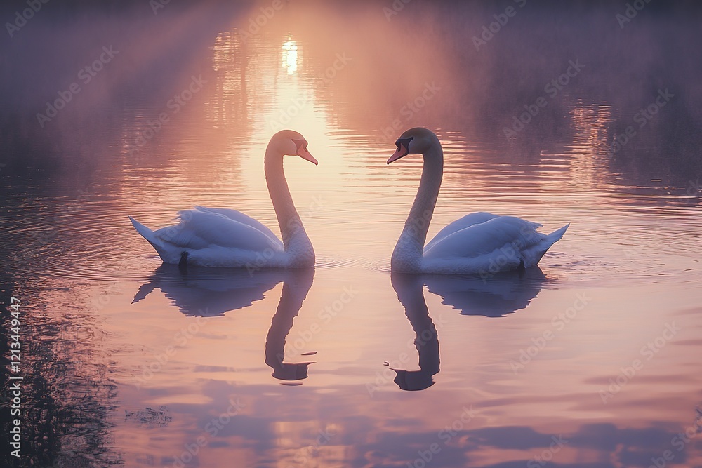 Fototapeta premium Two swans on a calm lake at sunrise.