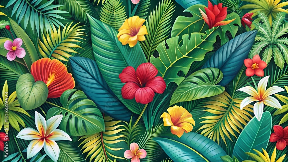 Naklejka premium tropical leaves and flowers background